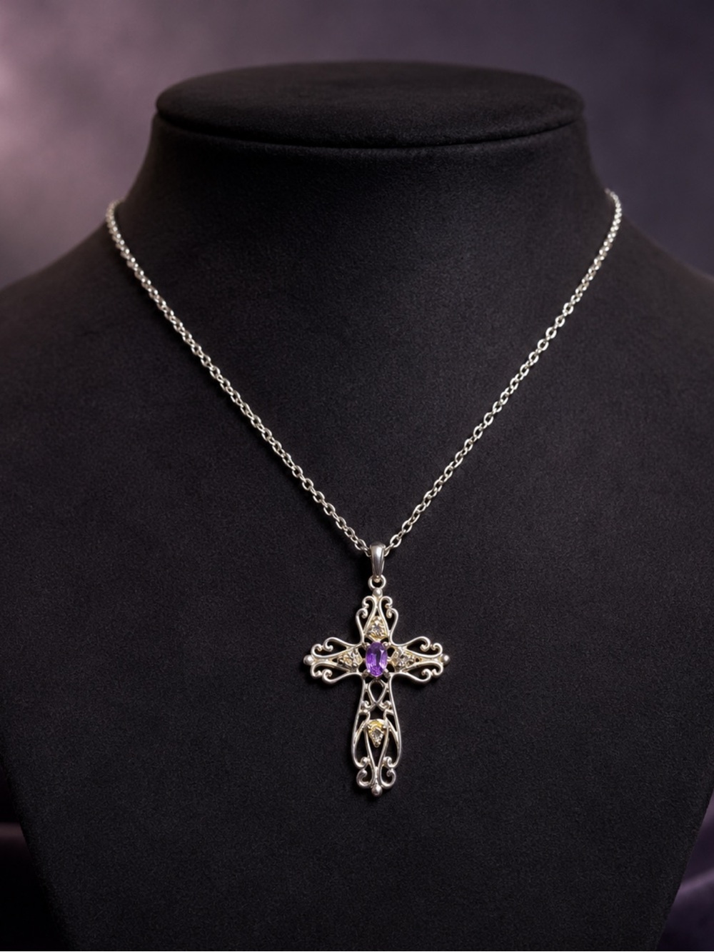 Pendant Cross Filigree 925 Sterling Silver Amethyst Gemstone Synthetic Diamonds